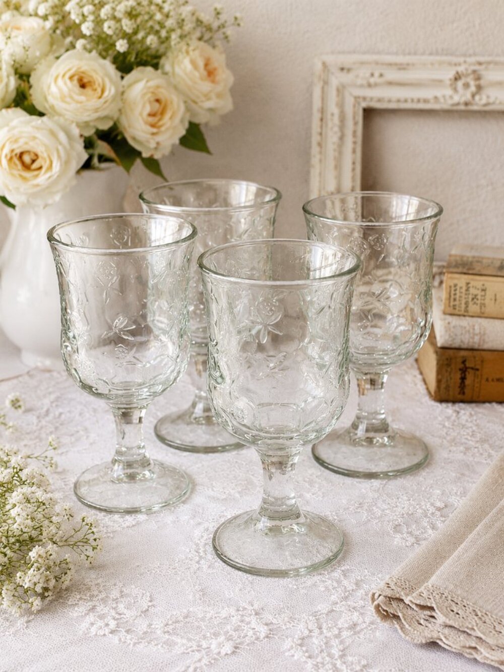Anchor Hocking Savannah VTG Clear Water Goblets 7 1/4” Set of 4 Floral Glasses